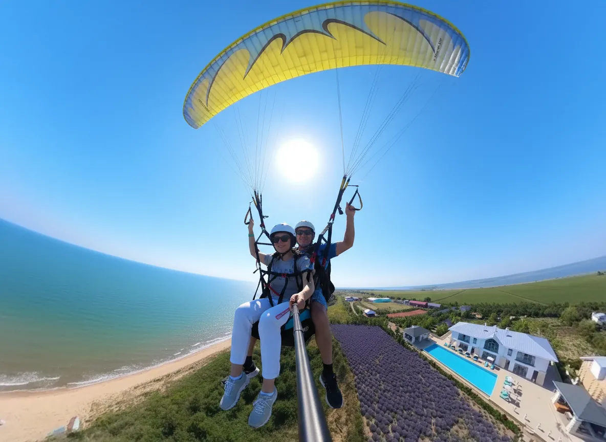 Счастливая туристка в полете на параплане с инструктором