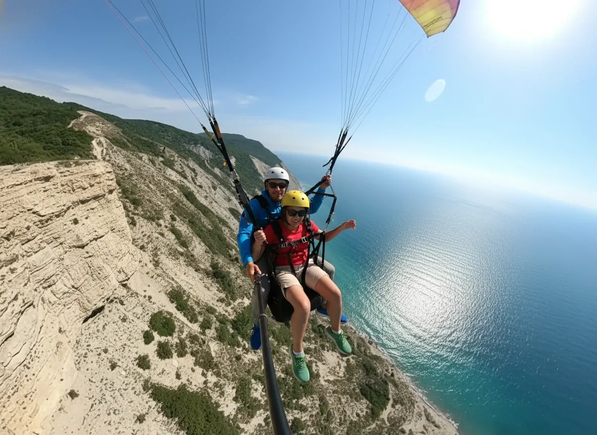 Вид с параплана вниз (POV) - полет над зелеными холмами